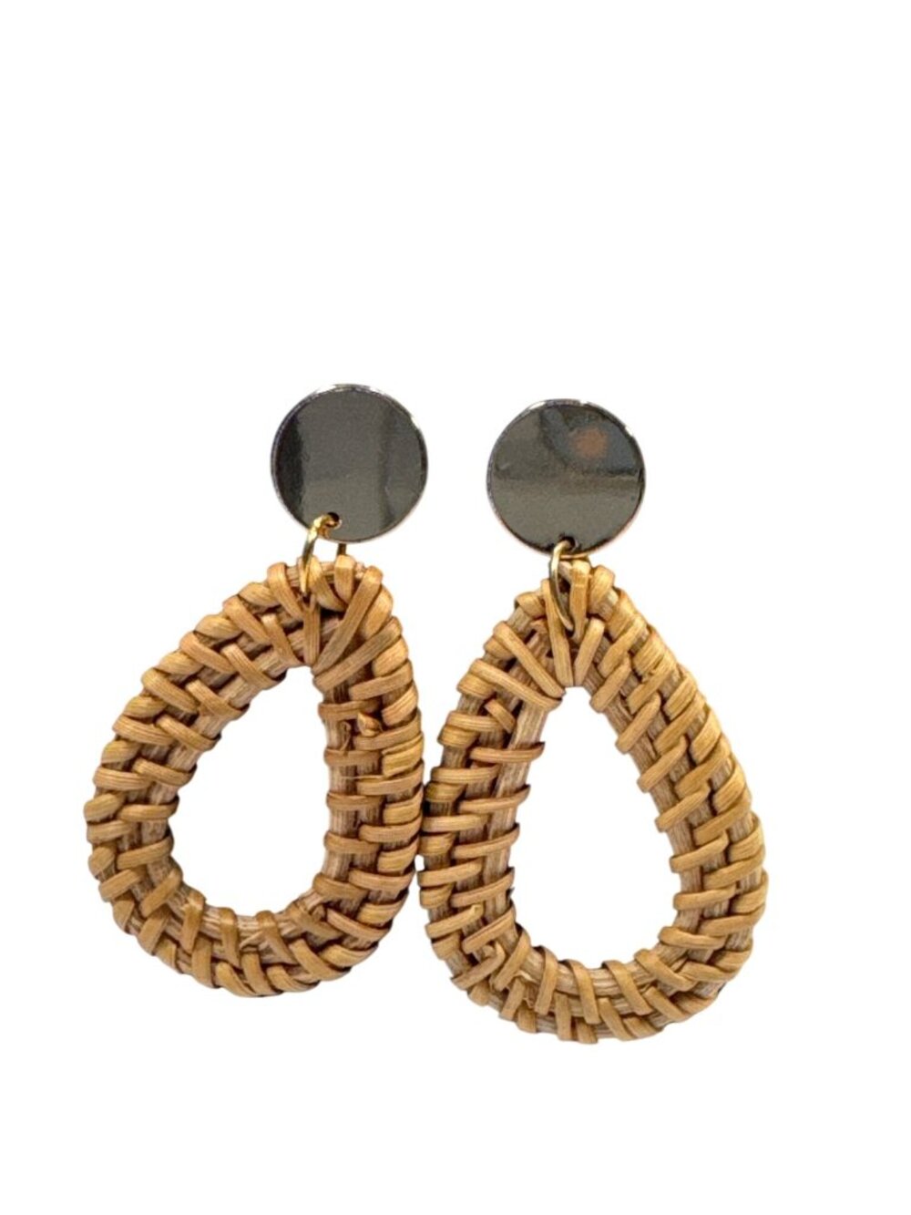 Wicker Teardrop Dangle Earrings Woven Rattan With Gold Stud Post Lightweight